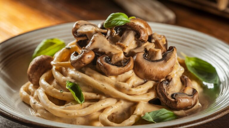 Creamy King Oyster Mushrooms in Pasta with Cashew Cream garnished with fresh basil, served on a white plate for a vegan-friendly meal