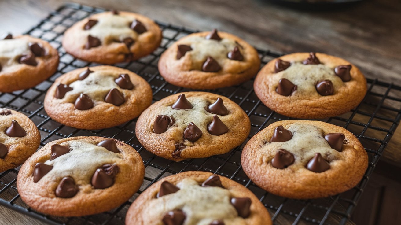 Freshly baked Ghirardelli chocolate chip cookies cooling on a rack, showcasing their golden-brown edges and soft centers