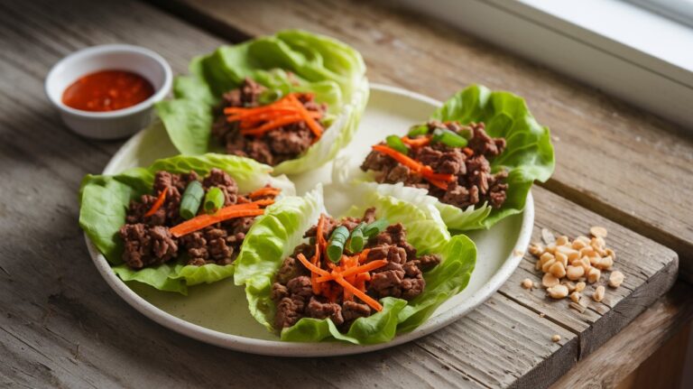 Freshly prepared Ground Beef Lettuce Wraps Recipe on a white ceramic plate, featuring crisp lettuce, sautéed ground beef, shredded carrots, and green onions, garnished with sriracha sauce and chopped peanuts. A healthy and low-carb meal option.