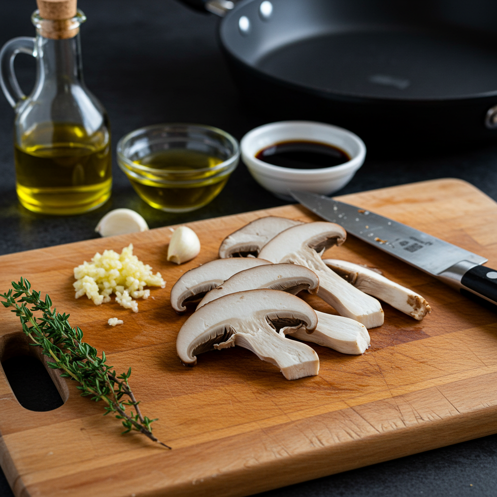 Preparation of Lion's Mane Mushroom Recipe with sliced mushrooms, garlic, soy sauce, and thyme on a cutting board.