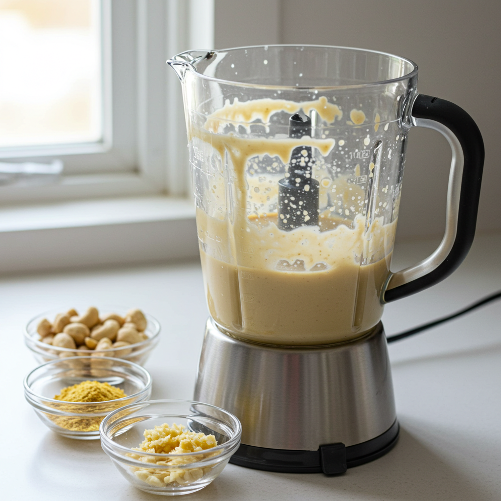 Blender filled with smooth cashew cream sauce, surrounded by fresh ingredients like soaked cashews, garlic, and nutritional yeast for King Oyster Mushrooms in Pasta with Cashew Cream.